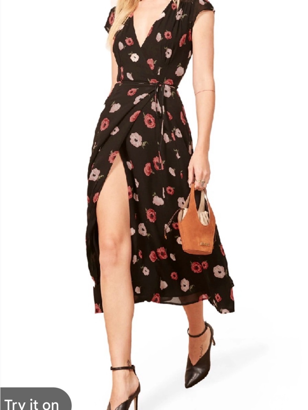 Reformation Black Floral Wrap Midi Dress with Pink & Red Flowers - Like New -L